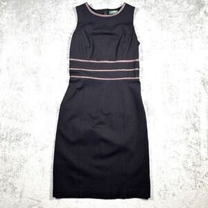 Lauren Ralph Lauren Black Sleeveless Dress‎ Size 6 Brown Stripe Waist Detail
